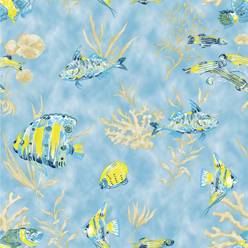 富耀软装无纺布纯纸面 儿童系列墙纸 海底世界 黄色的鱼
