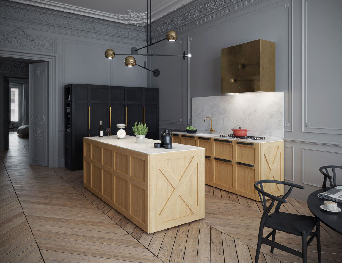 厨房区域十分的宽敞，设计师采用木质材料打造厨房功能区，人字形木地板为这个精致空间带来质朴的气息。冷色调的空间中，金色的铜制吊灯十分的抢眼，细微点缀恰当的增添奢华感